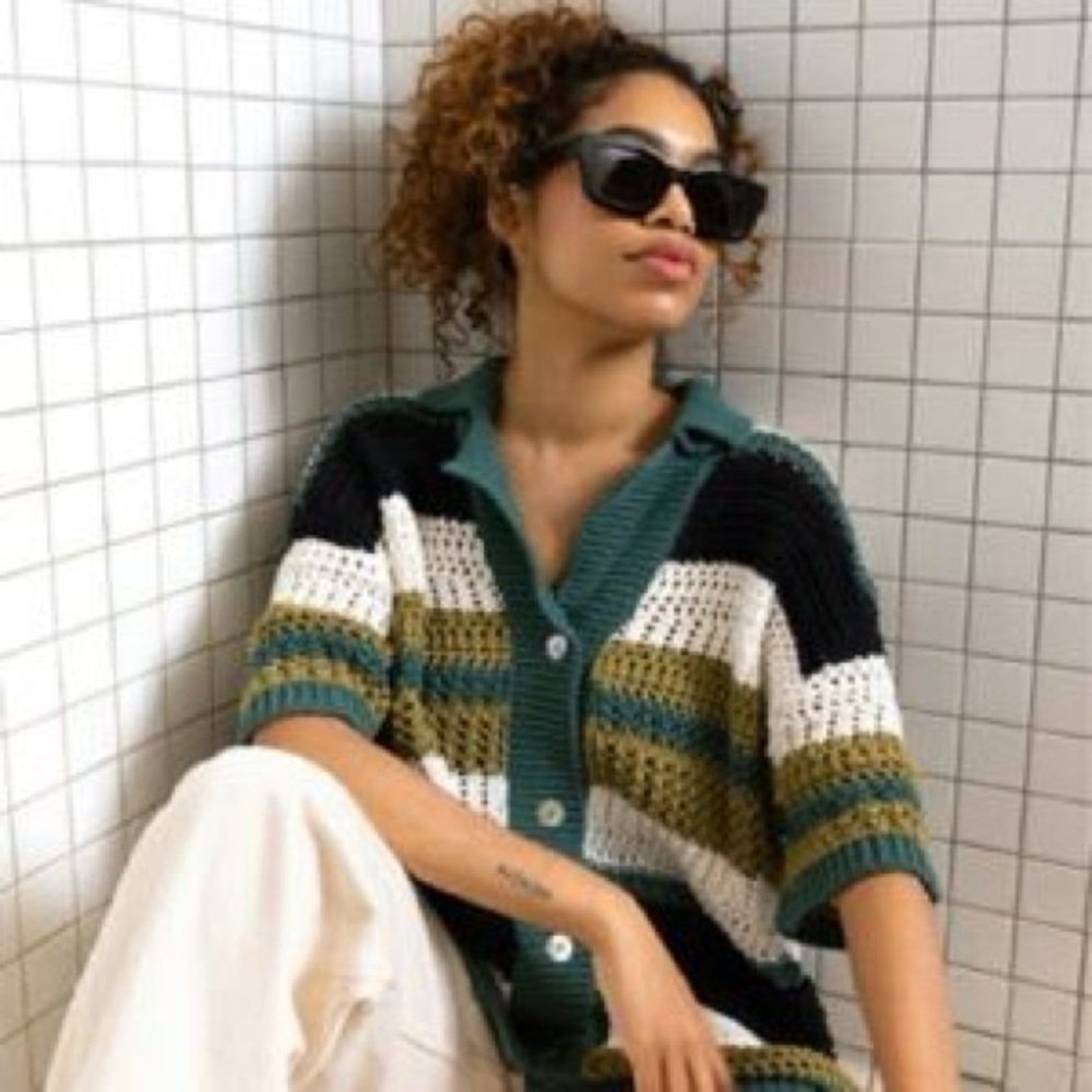 Zara Colorblock Striped Button Down Crochet Knit Polo Cardigan Sweater, Medium - Picture 5 of 14